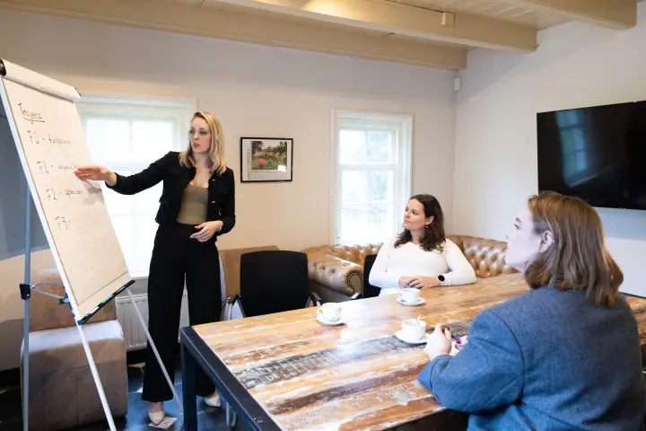 Vrouw presenteert bij een flip-over aan twee vrouwen aan een houten vergadertafel